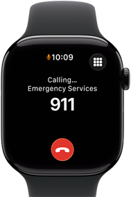 Apple Watch Series 11, boîtier en aluminium noir de jais, appel d’urgence en cours à l’écran, côté droit : Digital Crown, Bracelet Sport noir