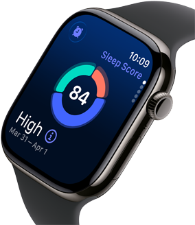 Gros plan d’une Apple Watch Series 11 avec un boîtier en titane ardoise, affichant le Score de sommeil à l’écran