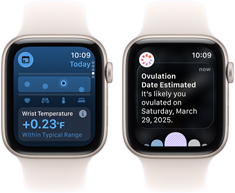 Deux Apple Watch SE 3 avec boîtiers en aluminium lumière stellaire affichent l’app Signes vitaux