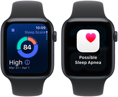 Deux Apple Watch SE 3 avec boîtiers en aluminium minuit affichent un score de sommeil et une alerte de possible apnée du sommeil