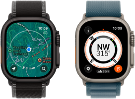 Deux Apple Watch Ultra 3, l’une montrant l’app Plans, l’autre affichant des fonctionnalités de Point de départ, y compris la boussole, l’altitude et des points de repère