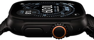 Apple Watch Ultra 3, vue latérale, boîtier en titane noir, boussole sur le cadran Orientation, bouton latéral et Digital Crown