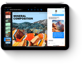 Vue en mode paysage d’un iPad mini sur lequel est posé un Apple Pencil. L’écran présente des fonctionnalités multitâche et Apple Intelligence sur iPad mini.