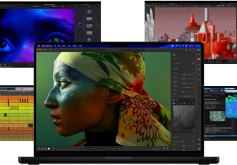 Différents contenus colorés affichés à l’écran dans des apps de production musicale, de montage vidéo, d’animation 3D et de retouche photo sur Mac, illustrant les puissantes performances graphiques