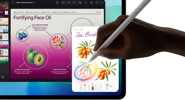 iPad Pro, écran face avant avec fond dégradé bleu foncé et vert et plusieurs apps ouvertes, main tenant un Apple Pencil Pro encerclant un croquis et illustrant la fonctionnalité baguette graphique d’Apple Intelligence