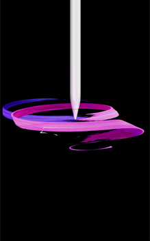 Apple Pencil Pro, face avant, orientation portrait, profil latéral, blanc, dessin de rubans abstraits violets et roses