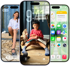 iPhone 17, face avant, Dynamic Island centré vers le haut, trois couleurs : brume, lavande, sauge