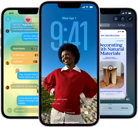 Trois iPhone 17e affichant l’app Messages avec le design Liquid Glass, l’écran verrouillé dynamique et Apple Intelligence en cours d’utilisation