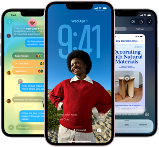 Trois iPhone 17e affichant l’app Messages avec le design Liquid Glass, l’écran verrouillé dynamique et Apple Intelligence en cours d’utilisation
