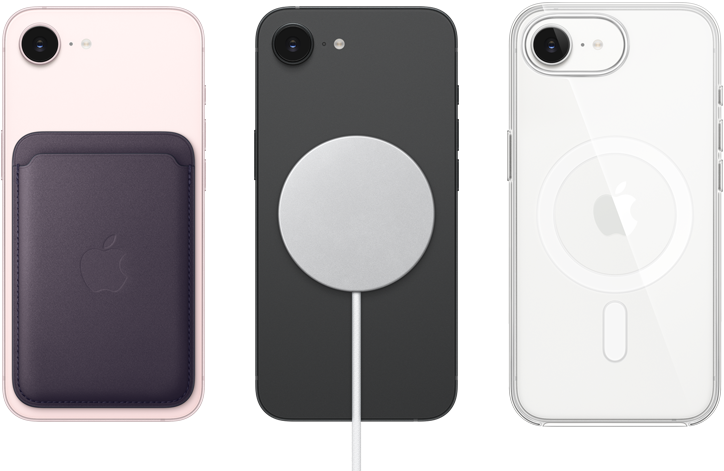 iPhone 17e, face arrière, coloris rose pastel, Porte-cartes en tissage fin avec MagSafe fixé, iPhone 17e, face arrière, coloris noir, Chargeur MagSafe fixé, iPhone 17e, face arrière, coloris blanc, coque transparente avec MagSafe fixée