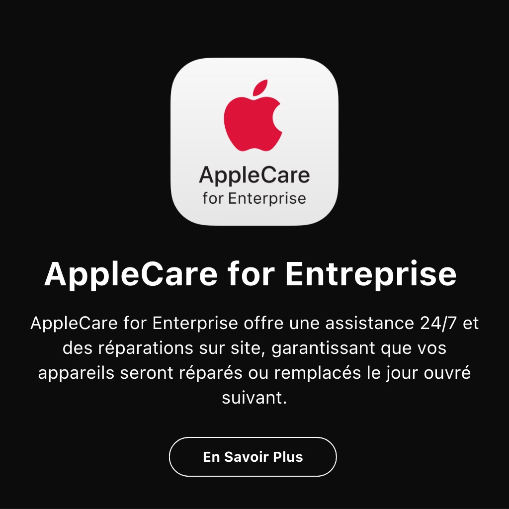 AppleCare for Enterprise offre une assistance 24/7 et des réparations sur site, garantissant que vos appareils seront réparés ou remplacés le jour ouvré suivant.